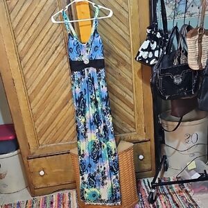 Blue Ruched Halter Maxi Dress